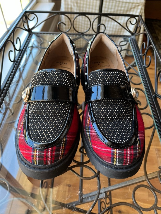 Betsey Johnson Shoes - Betsey Johnson Black Patent & Red Plaid Loafers with Stud Detail
